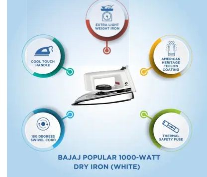 BAJAJ New popular 1000 W Dry Iron (White and Lavender color)